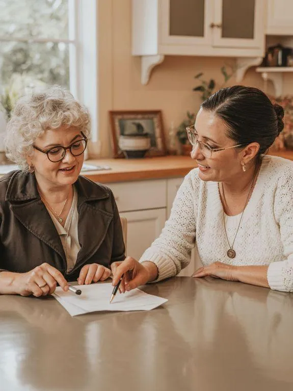 Mobile notary guiding a borrower through loan documents at her kitchen table
